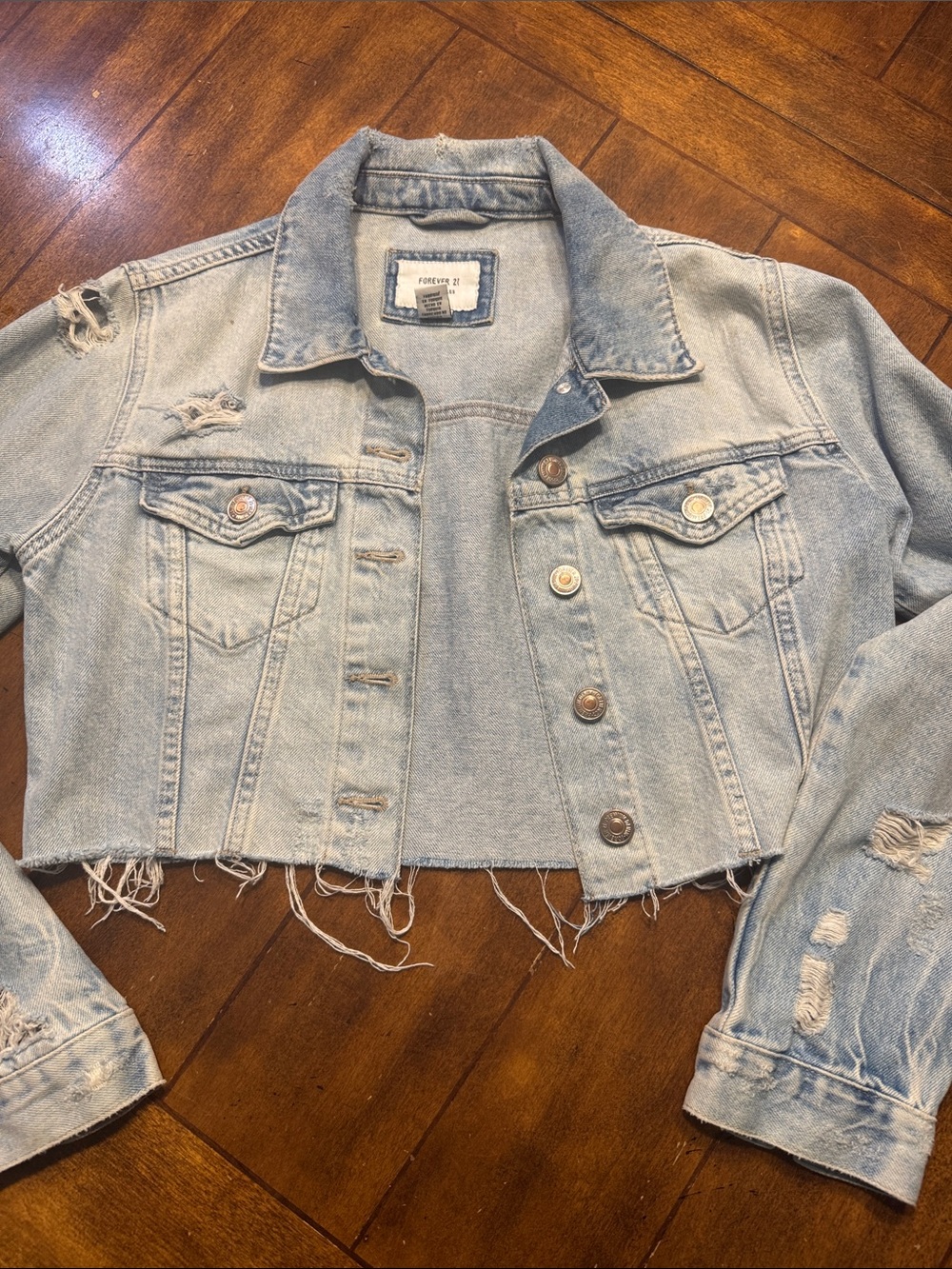 Light Blue Distressed Cropped Denim Jacket~
